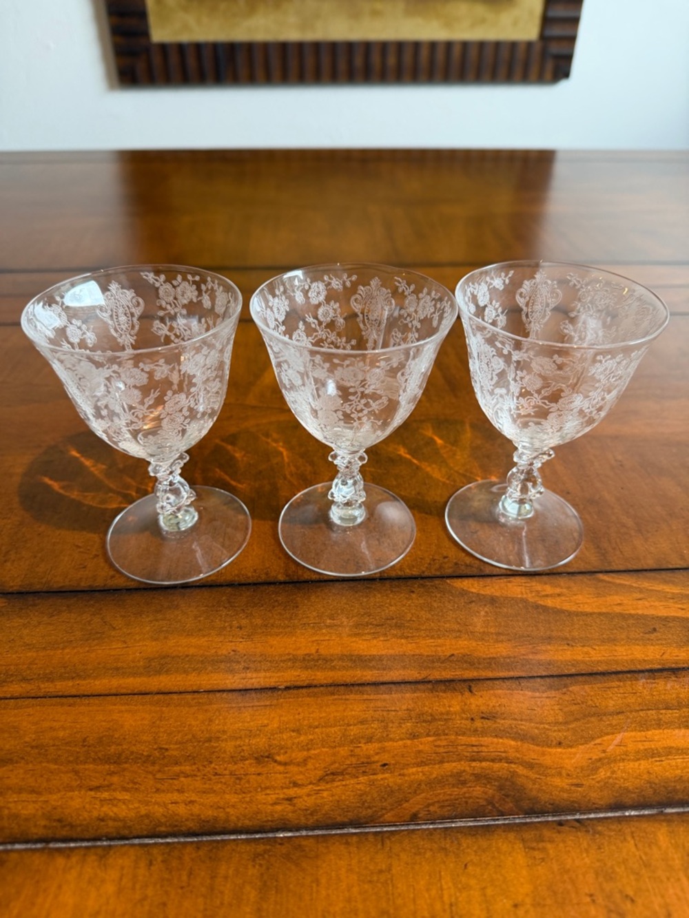 Vintage Cambridge Rosepoint Etched Crystal low sherbets Goblets-3, Stem#3121
